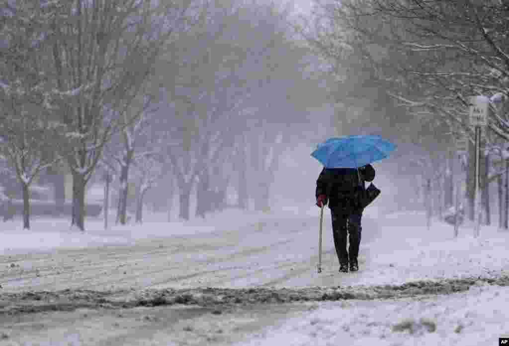 A woman walks with an umbrella during a snowstorm in Niles, Illinois, USA.