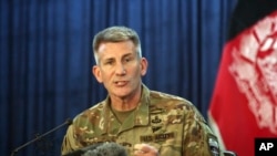 Commander of the Resolute Support mission and U.S. Forces in Afghanistan Army Gen. John W. Nicholson speaks during a press conference, in Kabul, Afghanistan, April 14, 2017.