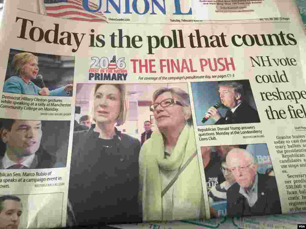 Front page of Manchester Union Leader newspaper in Manchester, New Hampshire, Feb. 9, 2016. (Photo: K. Gypson / VOA)