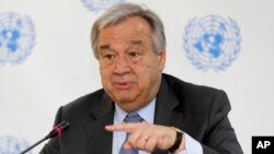 FILE - U.N. Secretary-General Antonio Guterres speaks during a press conference in Nairobi, Kenya, March 8, 2017.