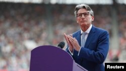 President of the International Association of Athletics Federations Sebastian Coe delivers a speech during the opening ceremony in London of the World Athletics Championships, Aug. 4, 2017.