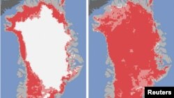 Las fotos de la NASA revelan que casi la totalidad de la capa de hielo de Groenlandia (en blanco) desapareció en sólo cuatro días.