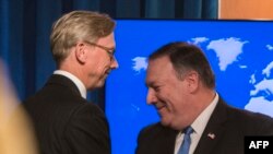 FILE - The State Department's director of policy planning and head of the Iran Action Group, Brian Hook (L), shakes hands with Secretary of State Mike Pompeo after the announcement of the "Iran Action Group", August 16, 2018.