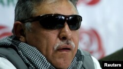 Colombia's Marxist FARC Jesus Santrich speaks during a news conference in Bogota, Nov. 16, 2017.