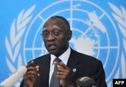 FILE - General Babacar Gaye, the U.N. secretary-general's representative to Central African Republic, speaks at the BINUCI (United Nations Integrated Peacebuilding Office in the Central African Republic) headquarters in Bangui, Feb. 6, 2014.