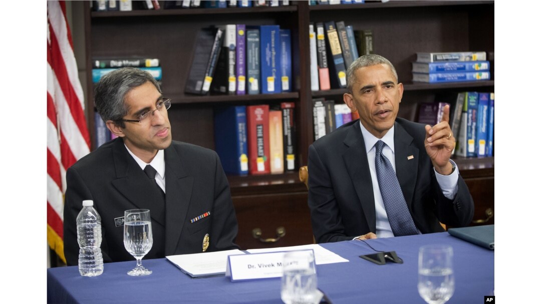 President Barack Obama and U.S. Surgeon General Dr. Vivek Murthy discuss the impact of climate change on public health at Howard University in Washington, April 7, 2015.