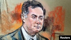 Former Trump campaign manager Paul Manafort is shown in a court room sketch on the fifth day of his trial on bank and tax fraud charges stemming from Special Counsel Robert Mueller's investigation into Russian meddling in the 2016 U.S. presidential election.