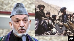 At left, Afghan President Hamid Karzai, Dec. 2011; Taliban fighters near Kabul, 1996 (file image).
