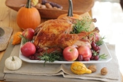 This Oct. 12, 2015, photo shows a roasted Thanksgiving turkey in Concord, New Hampshire, United States. (AP Photo/Matthew Mead)