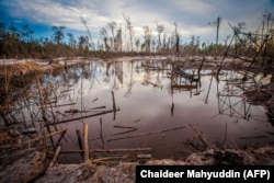Gambar yang diambil di Kereng Pengi, Pontianak di Kalimantan Barat ini menunjukkan lokasi penambangan emas ilegal di mana para penambang menggunakan merkuri mencemari sungai dan tanah yang menyebabkan kerusakan lingkungan. (Foto: AFP/Chaideer Mahyuddin)