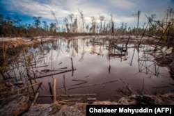 Gambar yang diambil di Kereng Pengi, Pontianak di Kalimantan Barat ini menunjukkan lokasi penambangan emas ilegal di mana para penambang menggunakan merkuri mencemari sungai dan tanah yang menyebabkan kerusakan lingkungan. (Foto: AFP)