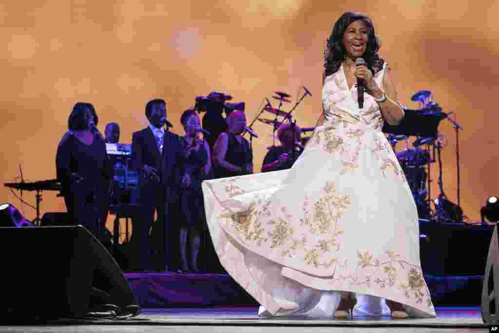Aretha Franklin performs at the world premiere of "Clive Davis: The Soundtrack of Our Lives" at Radio City Music Hall, April 19, 2017, in New York.
