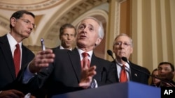 FILE - Senate Foreign Relations Committee Chairman Bob Corker, R-Tenn., outlines his bipartisan bill requiring congressional review of any comprehensive nuclear agreement that President Barack Obama reaches with Iran, at the Capitol in Washington, March 2015.