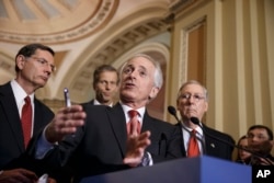 FILE - Senate Foreign Relations Committee Chairman Bob Corker, R-Tenn., outlines his bipartisan bill requiring congressional review of any comprehensive nuclear agreement that President Barack Obama reaches with Iran, at the Capitol in Washington, March 3, 2015.