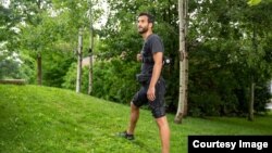 The light-weight versatile exosuit assists hip extension during uphill walking and at different running speeds in natural terrain. (Credit: Wyss Institute at Harvard University)
