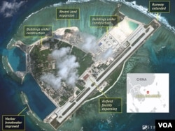 Satellite imagery analysis by geopolitical intelligence firm Stratfor shows overall land, building and military expansion by China on Woody Island in the South China Sea. (Courtesy of Stratfor)