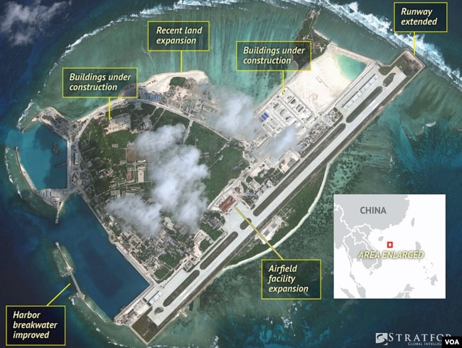 Hình ảnh chụp từ về tinh cho thấy những khu vực Trung Quốc xây dựng và lắp đặt cơ sở quân sự ở đảo Phú Lâm, nơi có tranh chấp chủ quyền với Việt Nam ở Biển Đông.China Sea. (Courtesy of Stratfor)