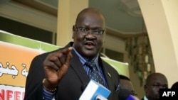 FILE - Ateny Wek Ateny, press secretary to South Sudan President Salva Kiir, speaks during a press conference in the Sudanese capital, Khartoum, March 2, 2014.