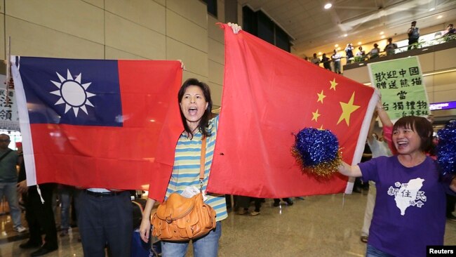 亲中国的台湾活动人士在桃园机场手举中国和台湾旗帜欢迎大陆海协会会长张志军访问台湾。（2014年6月25日）