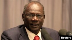 FILE - South Sudan's Information Minister Michael Makuei Leuth, spokesperson of the South Sudanese government, addresses a news conference during South Sudan's negotiation talks in Ethiopia's capital Addis Ababa, Jan. 5, 2014.