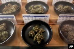 Different types of marijuana sit on display at Harborside marijuana dispensary, Jan. 1, 2018, in Oakland, Calif.