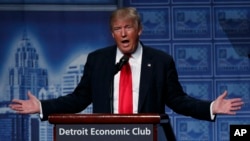 Republican presidential candidate Donald Trump delivers an economic policy speech to the Detroit Economic Club, Aug. 8, 2016, in Detroit, Michigan.