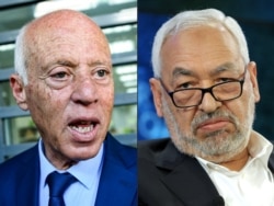 Presiden Tunisia Kais Saied (kiri) dan Pendiri Partai Islam Ennahdha Rached Ghannouchi. (AFP).