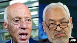 FILE: This combination of file pictures created on July 26, 2021 shows Tunisian President Kais Saied (L) at an electoral campaign tour in the capital Tunis on September 10, 2019 and Ennahdha Islamist Party founder Rached Ghannouchi addressing the World 