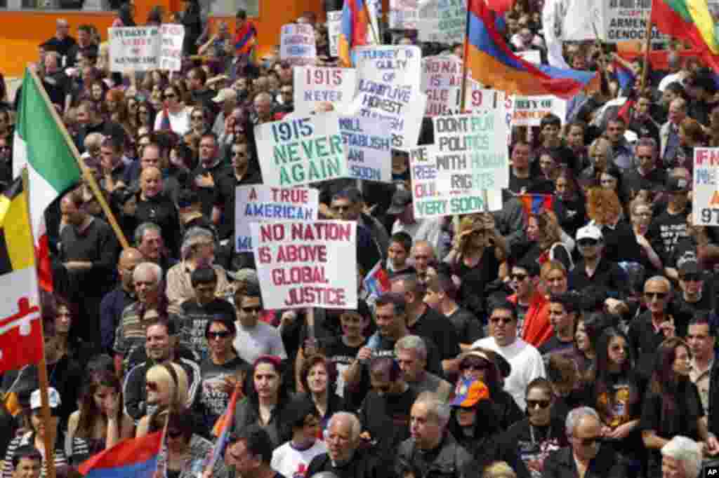 Thousands of people march Tuesday April 24, 2012 to mark the death of 1.5 million Armenians in the former Ottoman empire, in Los Angeles. The demonstration is an annual remembrance of the killings of Armenians in the Turkish territories during World War I