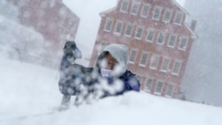 Xavier Martinez scrapes snow off his windshield during a storm in Providence, R.I., Jan. 29, 2022. A powerful nor'easter swept up the East Coast on Saturday, threatening to bury parts of 10 states under deep snow accompanied by coastal flooding and winds.