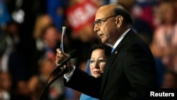 Khizr Khan, whose son, U.S. Army Capt. Humayun Khan, died in a 2004 car bombing in Iraq, challenges Republican presidential nominee Donald Trump's knowledge of the U.S. Constitution at the Democratic National Convention in Philadelphia, 