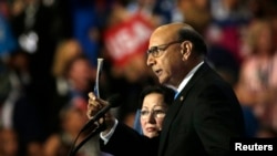 Khizr Khan, who's son Humayun was killed serving in the U.S. Army ten years after September 11, 2001, challenges Republican presidential nominee Donald Trump to read his copy of the U.S. Constitution at the Democratic National Convention in Philadelphia,