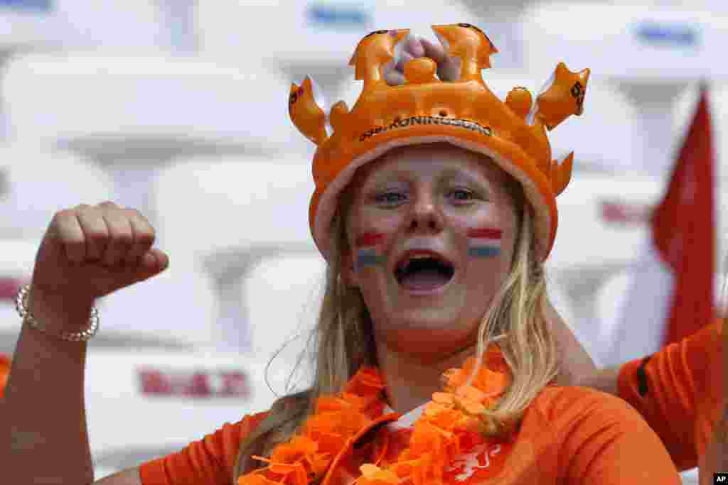 یک تماشاگر هلندی حامی تیم ملی فوتبال زنان این کشور. هلند خوش شانس نبود و&nbsp; آمریکا توانست با نتیجه دو بر صفر بر هلند غلبه کند و برای چهارمین بار قهرمان جهان شود.&nbsp;