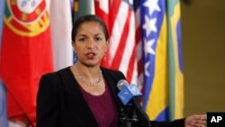 Susan Rice, US Ambassador to United Nations speaks to reporters at UN Headquarters after the Security Council met to discuss the situation in Sudan, November 11, 2011.