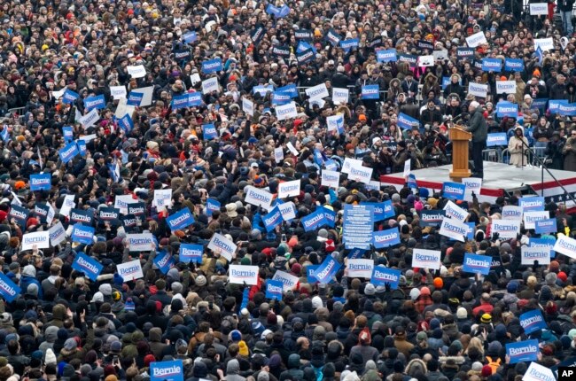 Sen. Bernie Sanders, I-Vt., is surrounded by supporters as he kicks off his second presidential campaign, March 2, 2019, in the Brooklyn borough of New York.