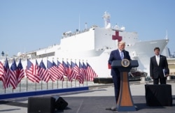 صدر ٹرمپ نورفورک سے بحری اسپتال کی نیویارک روانگی کے موقع پر تقریر کر رہے ہیں۔ 28 مارچ 2020