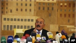 Yemen's President Ali Abdullah Saleh speaks to reporters during a press conference at the Presidential Palace in Sanaa, Yemen, Saturday, Dec. 24, 2011.