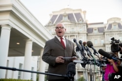 FILE - National Security Adviser H.R. McMaster speaks to members of the media outside the West Wing of the White House, May 15, 2017, in Washington.
