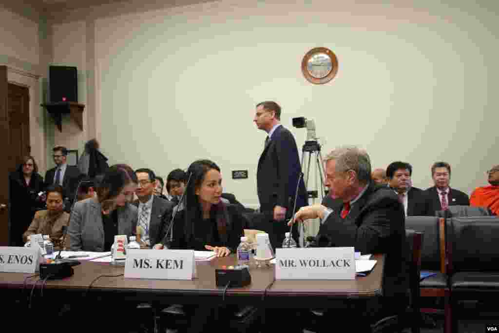 Ms. Olivia Enos, policy analyst at The Heritage Foundation, Ms. Monovithya Kem, CNRP&#39;s deputy director general of public affairs, and Mr. Kenneth Wollack, president of National Democratic Institute​ attended the open hearing on &ldquo;Cambodia&#39;s Descent: Policies to Support Democracy and Human Rights&rdquo; on Tuesday December 12, 2017 at the Rayburn House Office Building. (Sreng Leakhena/VOA Khmer)