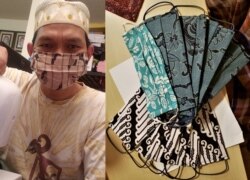 Mochamad Sutio Nugroho dan beberapa masker batik yang dibuatnya (foto: courtesy).