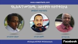 በአዲስ አበባ ዩኒቨርስቲ የታሪክ ትምሕርት መምሕር ረዳት ፕሮፌሰር አቶ አበባው አያሌው ከአዲስ አበባ፣ አቶ አሉላ ሰለሞን ከዋሽንግተን ዲሲና አቶ ገረሱ ቱፋ ከአምስተርዳም