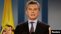 Argentina's President Mauricio Macri speaks during a news conference after the bilateral meeting at Narino Palace in Bogota, Colombia, June 15, 2016.