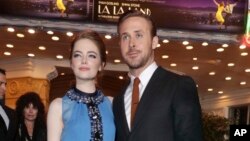 Emma Stone and Ryan Gosling arrive at the Los Angeles Premiere of "La La Land" at Village Theatre, Dec. 6, 2016, in Los Angeles.