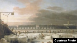 The Frozen Thames River 1677. (Painting by Abraham Hondius via Wikimedia Commons)
