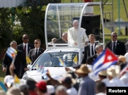 Pope Francis arrives to hold a Mass in Holguin, Cuba, Sept. 21, 2015.