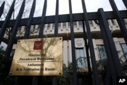 FILE - The Russian embassy is pictured in Paris, March 26, 2018. France expelled four Russian diplomats in show of solidarity with Britain over the nerve agent attack on a former Russian spy.
