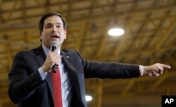 FILE - Former Republican presidential candidate Sen. Marco Rubio of Florida speaks to supporters, March 1, 2016. A Cuban-American, Rubio has criticized the recent thaw in U.S.-Cuban relations.