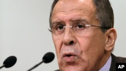 Russian Foreign Minister Sergey Lavrov speaks at a news conference in Moscow.