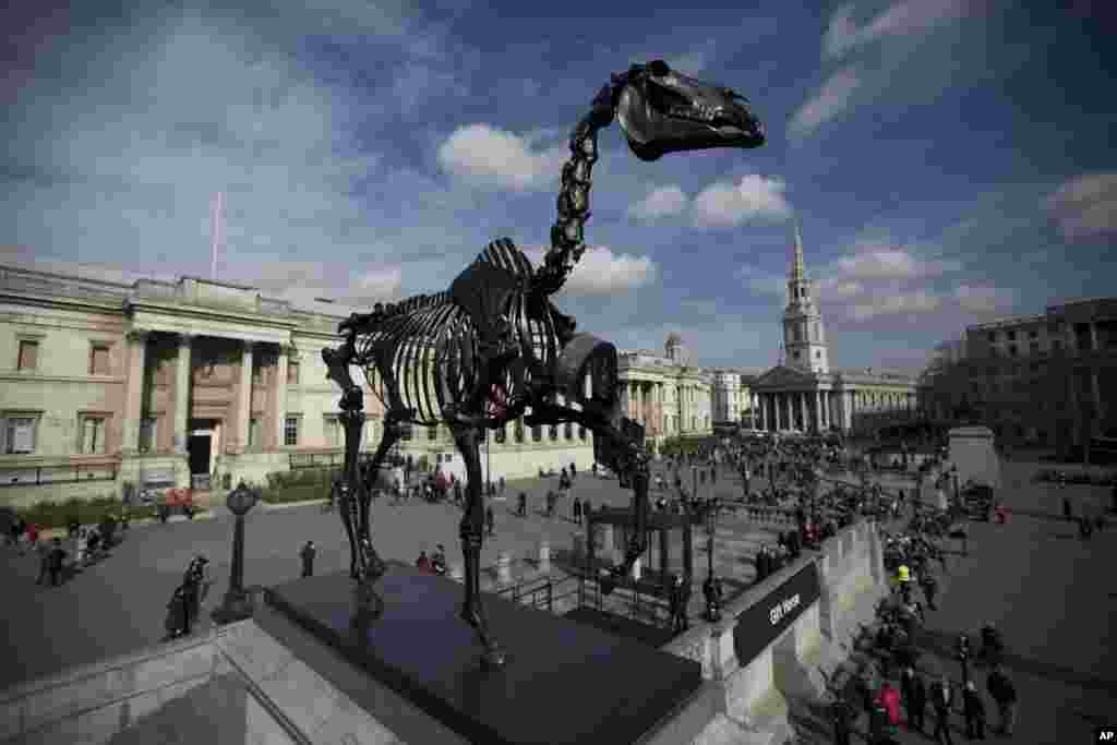 The bronze sculpture &quot;Gift Horse&quot;, which portrays a skeletal horse by German-born artist Hans Haacke, stands above Trafalgar Square after it was unveiled as the new commission for the Fourth Plinth, in London.