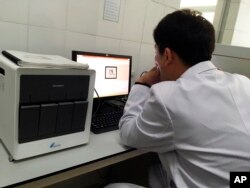 A staffer works at a laptop next to an American-made GeneXpert machine used to diagnose tuberculosis at the National Tuberculosis Reference Laboratory in Pyongyang, North Korea, May 7, 2018. The machines at the lab can’t be used because officials can’t procure the materials they need to operate them.